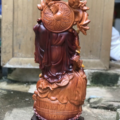 Tượng phật di lặc ngũ phúc gánh cành đào bằng gỗ hương đá tô làm mầu giả cổ kt cao 60×24×15cm