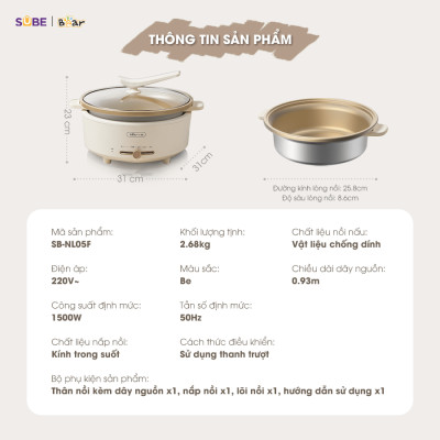 Nồi lẩu Bear SB-NL05F 5L (1500W) - Hàng chính hãng