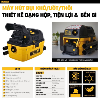 Máy hút bụi 3 chức năng 15L Dewalt DXV15T 1.8 PEAK HP- HÀNG CHÍNH HÃNG