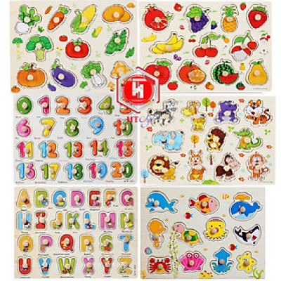Đồ Chơi Trẻ Em - Đồ Chơi Xếp Hình - Combo 6 Bảng Núm Gỗ Cho Bé (Trái cây, Rau củ, Chữ, Số, Thú rừng, Thú biển)