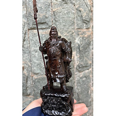 Tượng quan công trấn ải đứng trên đầu hổ phù bằng gỗ mun hoa kt cao 20cm