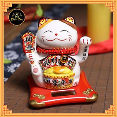 Mèo thần tài may mắn vẫy tay năng lượng mặt trời gốm sứ cao cấp
