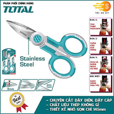 Kéo thợ điện chuyên dụng dài 145mm TOTAL THT1155871 - Làm từ thép không gỉ, độ dày lưỡi kéo 3mm - Tốc độ 247