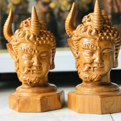 Diện phật thiện ác bằng gỗ bách xanh liền khối thơm phức kt cao 20×12×12cm