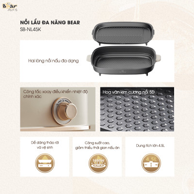 Nổi lẩu nướng đa năng 2 khay Bear SB-NL45K Hàng chính hãng