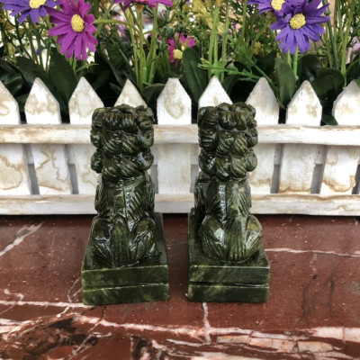 Cặp Kỳ Lân phong thủy đá Seperentine ( đá ngọc Ấn Độ ) trang trí bàn làm việc - Cao 9 cm