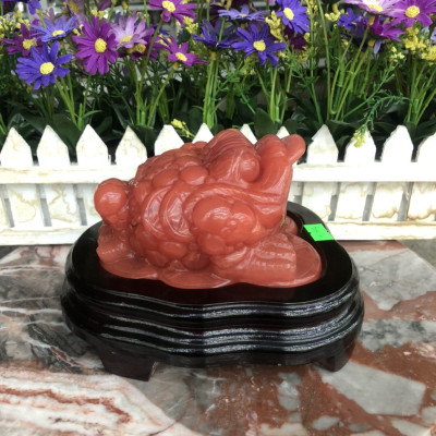 Tượng Cóc Ba Chân, Cóc Ngậm Tiền, Thiềm Thừ phong thủy chiêu tài lộc đá núi lửa Obsidian đỏ - Nặng 1,37 kg
