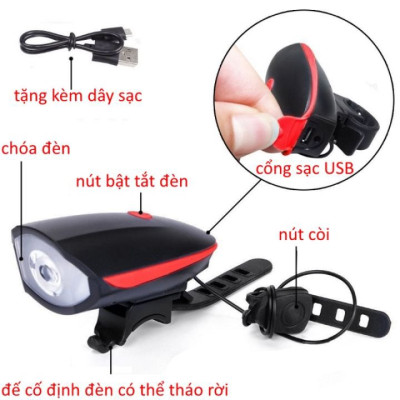 Bộ đèn liền còi cho xe đạp, còi to đèn sáng 3 chế độ, chống nước