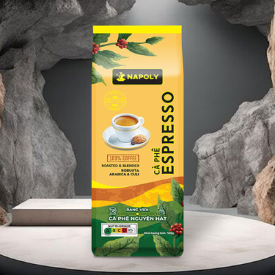 Cà Phê Hạt ESPRESSO Napoly Coffee Robusta & Arabica Nguyên Chất Rang Mộc Thơm Nồng Cho PHA MÁY, PHA PHIN - Túi 500gr