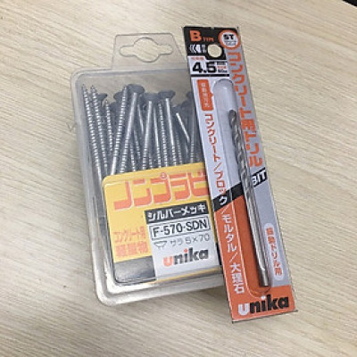 Combo Vít bê tông 5mm đầu bằng F570 & Mũi khoan bê tông 4.5mm đuôi kẹp Unika (Không cần tắc kê nhựa)