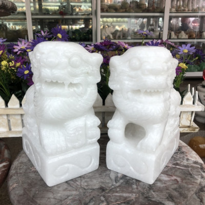 Cặp Kỳ Lân quay đầu phong thủy đá cẩm thạch trắng - Cao 20 cm