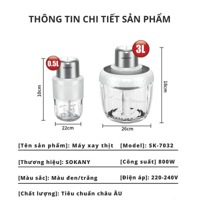 Máy xay thịt đa năng 2 IN 1 SOKANY SK-06008, máy xay thịt tỏi ớt công suất cao 800W, cối thủy tinh cao cấp chắc chắn, HÀNG CHÍNH HÃNG
