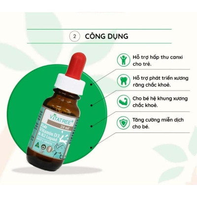 Tinh chất D3 K2 hỗ trợ hấp thu canxi cho trẻ Vitatree Kids Vitamin D3 & K2 Liquid 20ml