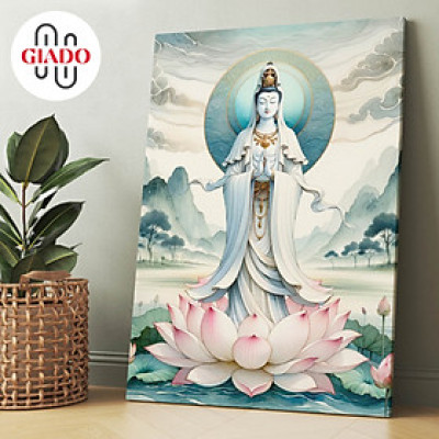 Tranh ảnh thờ treo tường hoặc tranh để bàn mẫu Phật giáo Quan Âm Bồ Tát mây núi và hoa sen