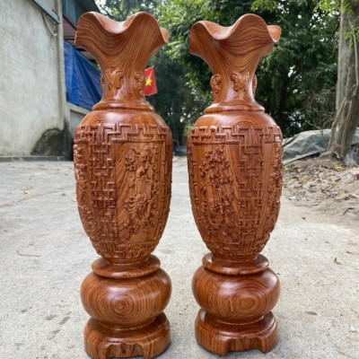 Cặp lục bình trạm khắc tứ quý phong thủy bằng gỗ hương đá kt cao 40×13,5cm 