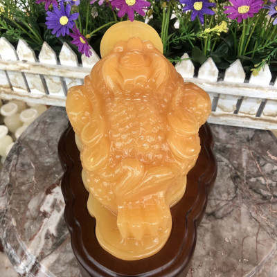 Tượng Cóc Ba Chân, Cóc Ngậm Tiền, Thiềm Thừ phong thủy chiêu tài lộc đá ngọc hoàng long - Dài 22 cm