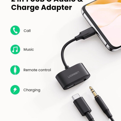 Ugreen UG70606CM193TK 2 trong 1 bộ chuyển usb type C ra 3.5mm Audio và sạc cổng C màu đen - HÀNG CHÍNH HÃNG