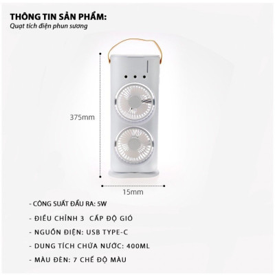 Quạt Phun Sương, Quạt Hơi Nước 2 Tầng , Quạt Tích Điện, Có Đèn Led, Quạt Để Bàn Mini Làm Mát Và Tạo Ẩm Không Khí - Hàng Nhập Khẩu