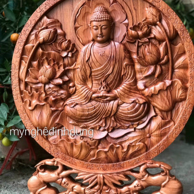 Đĩa khắc phật adi đà bằng gỗ hương đá kt mặt tròn 40cm 
