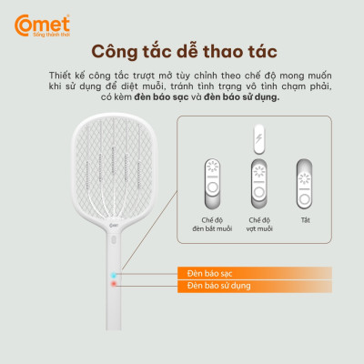 Vợt muỗi điện Comet CP049 Pin Lithium 500mAh sạc 2h dùng 10 ngày BH 12T cổng sạc type C