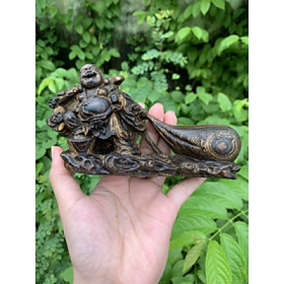 Tượng phật Di Lặc kéo bao tiền vàng phong thủy gỗ trầm hương sánh chìm tự nhiên để bàn làm việc và taplo xe ô tô