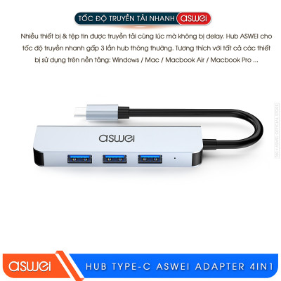 Hub Chuyển Đổi USB Type C ASWEI 4 in 1 - 4 Cổng USB 3.0 Tốc Độ Cao - Hàng Chính Hãng