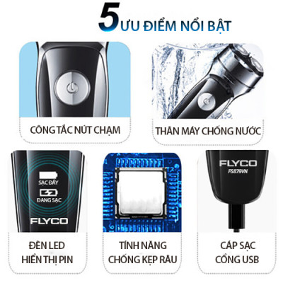 Máy Cạo Râu Flyco 2 Lưỡi Kép FS879VN Thân Máy Kháng Nước Sạc Nhanh 1 Giờ Hàng Chính Hãng