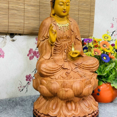 Tượng phật bà quan âm ,bồ tát bằng gỗ hương đá tô làm mầu giả cổ kt cao 40×20×20cm