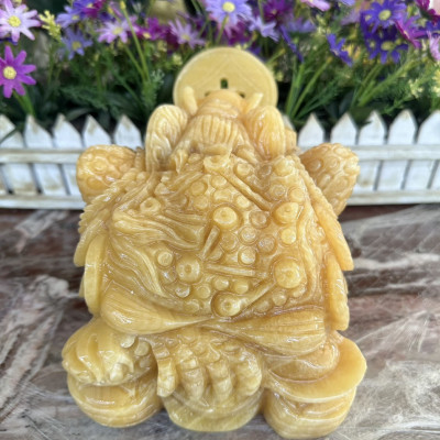 Tượng Cóc Ba Chân, Cóc Ngậm Tiền, Thiềm Thừ phong thủy chiêu tài lộc đá ngọc hoàng long - Dài 20 cm