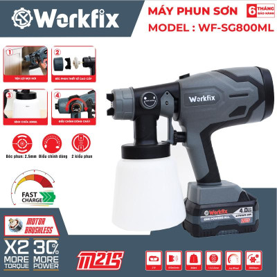 Máy Phun Sơn Workfix WF-SG800ML - 2 Kiểu Phun Linh Hoạt - Pin 10 Cell 21V/4Ah - Bảo Hành 6 Tháng
