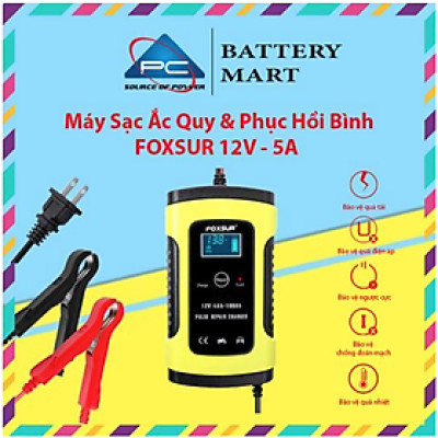 Bộ Sạc Acquy, Máy Sạc Ắc Quy FOXSUR 12V 5A Kèm Phục Hồi Bình, Sạc Bình Acquy, Tự Ngắt Khi Đầy, Khử Sunfat