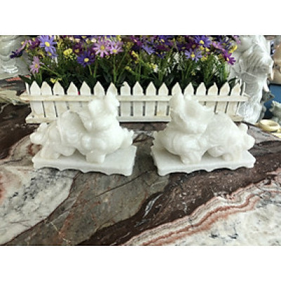 Cặp Tỳ Hưu phong thủy tài lộc đá cẩm thạch trắng có đế đá - Dài 15 cm