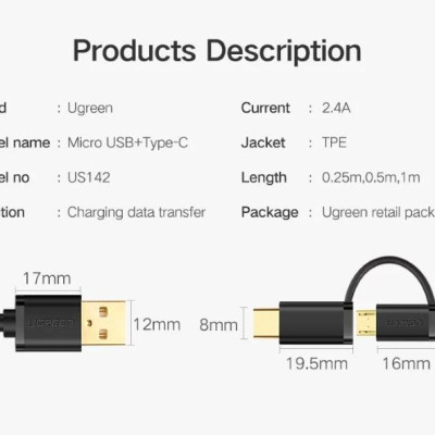 Ugreen UG30173US142TK 0.5M màu Đen Thiết bị chuyển đổi USB 2.0 sang type-C và micro USB - HÀNG CHÍNH HÃNG
