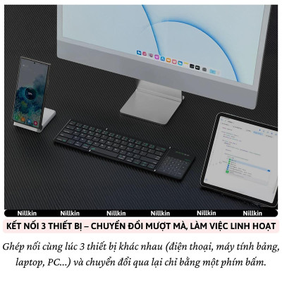 Bàn phím gấp gọn di động không dây bluetooth V5.2 tích hợp trackpad & phím số hiệu Nillkin Cube Pocket - Nhỏ gọn, mỏng nhẹ, phím tắt thông minh, hỗ trợ Androids & iOS, gõ thoải mái cho iPad cho iPhone, máy tính bảng, cho macbook, laptop - hàng nhập khẩu