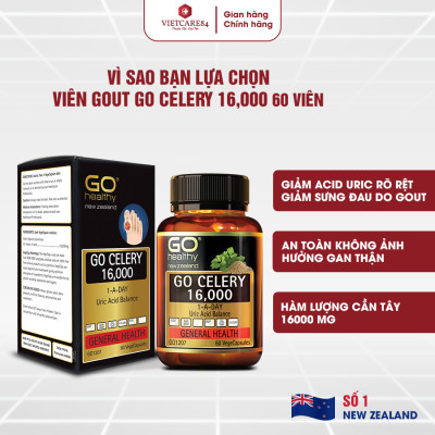 Viên gout nhập khẩu chính hãng New Zealand GO CELERY 16000mg (60 viên) giúp giảm các triệu chứng bệnh gút: giảm uric acid, làm giảm triệu chứng sưng đau do gut