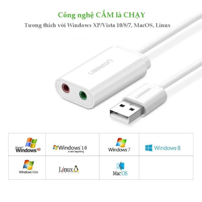 Ugreen UG30143US205TK 15CM màu Trắng Bộ chuyển USB 2.0 sang Loa + MIC chuẩn 3.5mm - HÀNG CHÍNH HÃNG