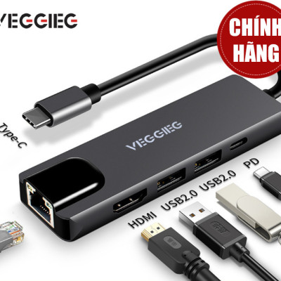 Cáp chuyển USB Type C sang HDMI + USB +LAN + PD VEGGIEG TC05 - Hàng Nhập Khẩu