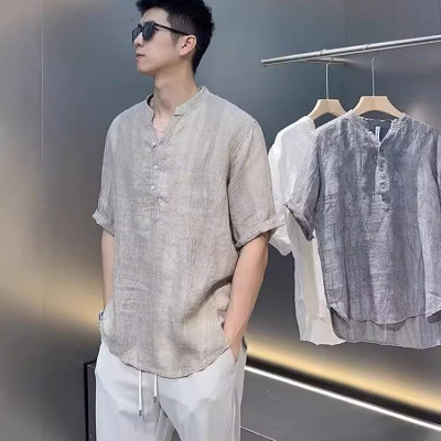 Áo sơ mi đũi trơn ngắn tay nam phối cúc đơn giản tinh tế, thanh lịch