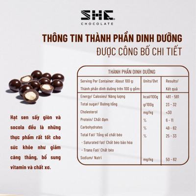 Socola viên Hạt sen - túi 50g -SHE Chocolate - Bổ sung năng lượng, đa dạng vị giác. Quà tặng sức khỏe, quà tặng người thân, dịp lễ, thích hợp ăn vặt
