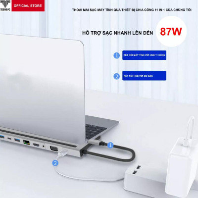 HUB Type C Chia 11 in 1 to HDMI VGA SD/TF  Audio USB RJ45 Cổng Dùng Cho Laptop MacBook Surface, Các Loại Điện Thoại Tablet Dùng Cổng USB - C TEEMO PC Hàng Chính Hãng