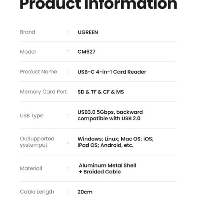 Ugreen UG15307CM627TK cổng USB type C 3.1 đọc TF + SD + MS + CF tốc độ cao 5Gbps - Đầu đọc thẻ nhớ hỗ trợ đọc nhiều thẻ cùng lúc - HÀNG CHÍNH HÃNG