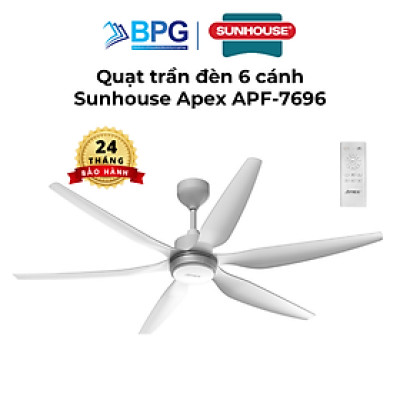 Quạt Trần Đèn Led Sunhouse Apex 6 cánh APF-7696, công suất 57W, cánh quạt sải rộng, điều khiển từ xa, Hàng chính hãng