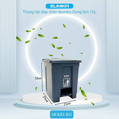 Thùng rác nhựa đạp chân SUMIKA 15L, 25L, 35L, 45L, 55L, có nắp đậy, nhựa cao cấp, màu xám