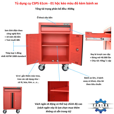 Tủ dụng cụ CSPS 61cm - 01 hộc kéo màu đỏ có bánh xe