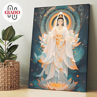 Tranh ảnh thờ treo tường hoặc tranh để bàn mẫu Quan Âm Bồ Tát hoa văn xanh