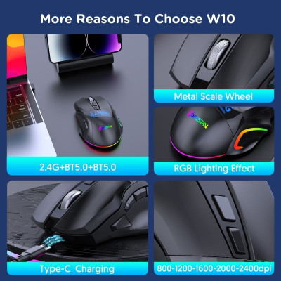 Chuột Led Gaming Không Dây W10 Đa kết nối Bluetooth 5.0 + Usb 2.4G Pin sạc TypeC cho máy tính laptop hàng nhập khẩu