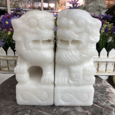Cặp Kỳ Lân quay đầu phong thủy đá cẩm thạch trắng - Cao 20 cm