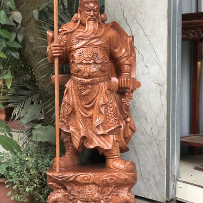 Tượng quan công cầm đao đứng trên đầu hổ phù kt cao 80×30×20cm