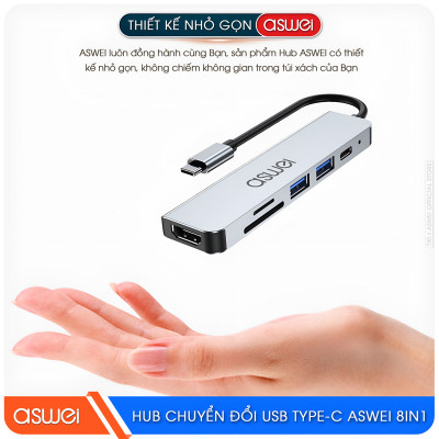 Hub Chuyển Đổi USB Type C ASWEI 8 in 1 - USB 3.0, SD, TF, USB C, Audio 3.5 Tốc Độ Cao - Hàng Chính Hãng