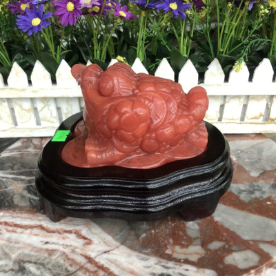 Tượng Cóc Ba Chân, Cóc Ngậm Tiền, Thiềm Thừ phong thủy chiêu tài lộc đá núi lửa Obsidian đỏ - Nặng 1,37 kg